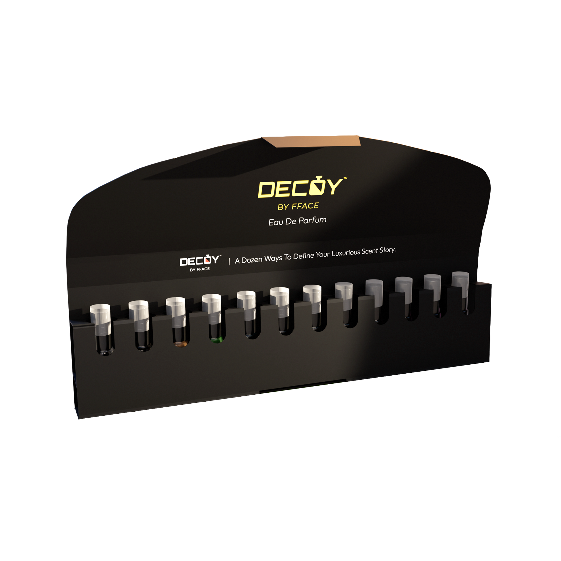 Decoy perfume sampler set featuring 12 unique unisex fragrances in 5ml vials