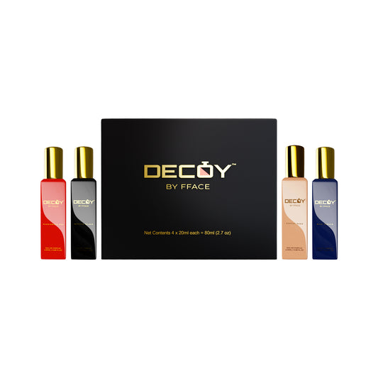 Decoy Starter Gift Set 4x20ml perfume box with Intense Black Blue Zephyr Passionate Red and Peachy Sass bottles