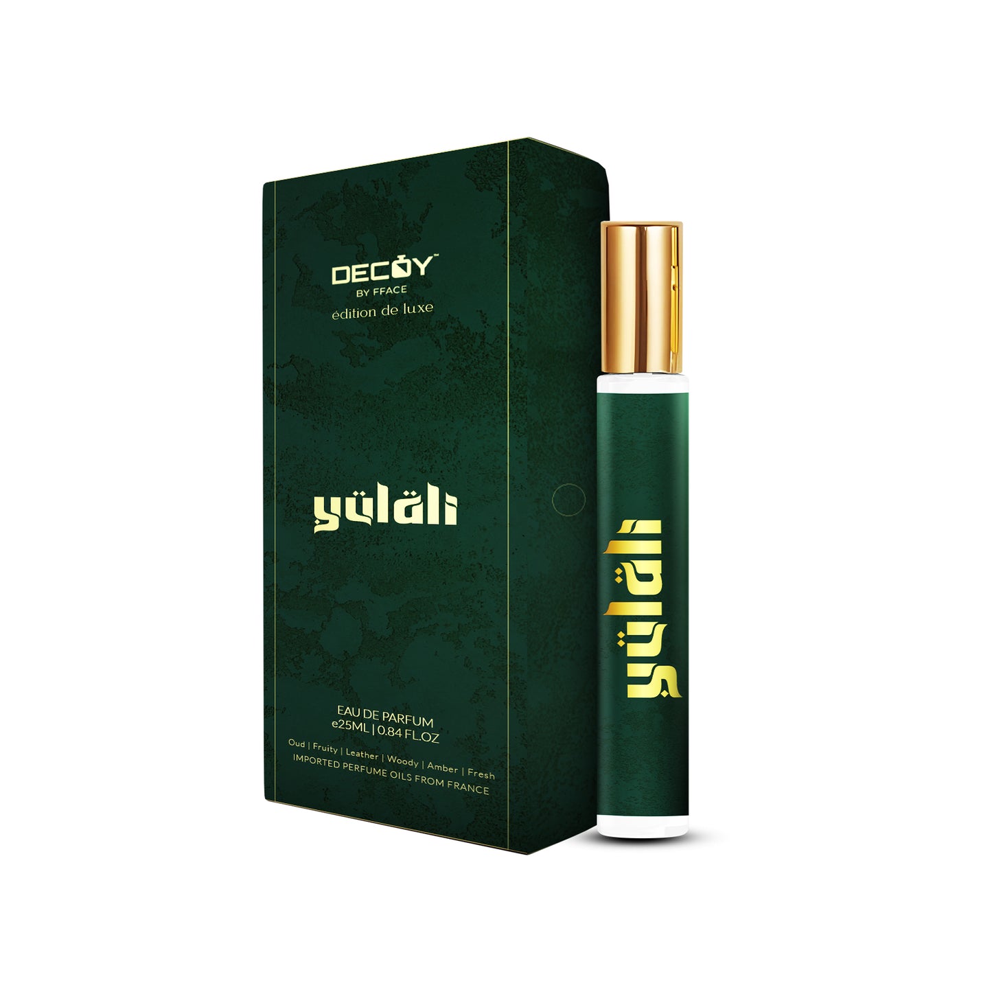 Decoy Yulali Oud 25ml travel perfume bottle and box green packaging luxury oud scent