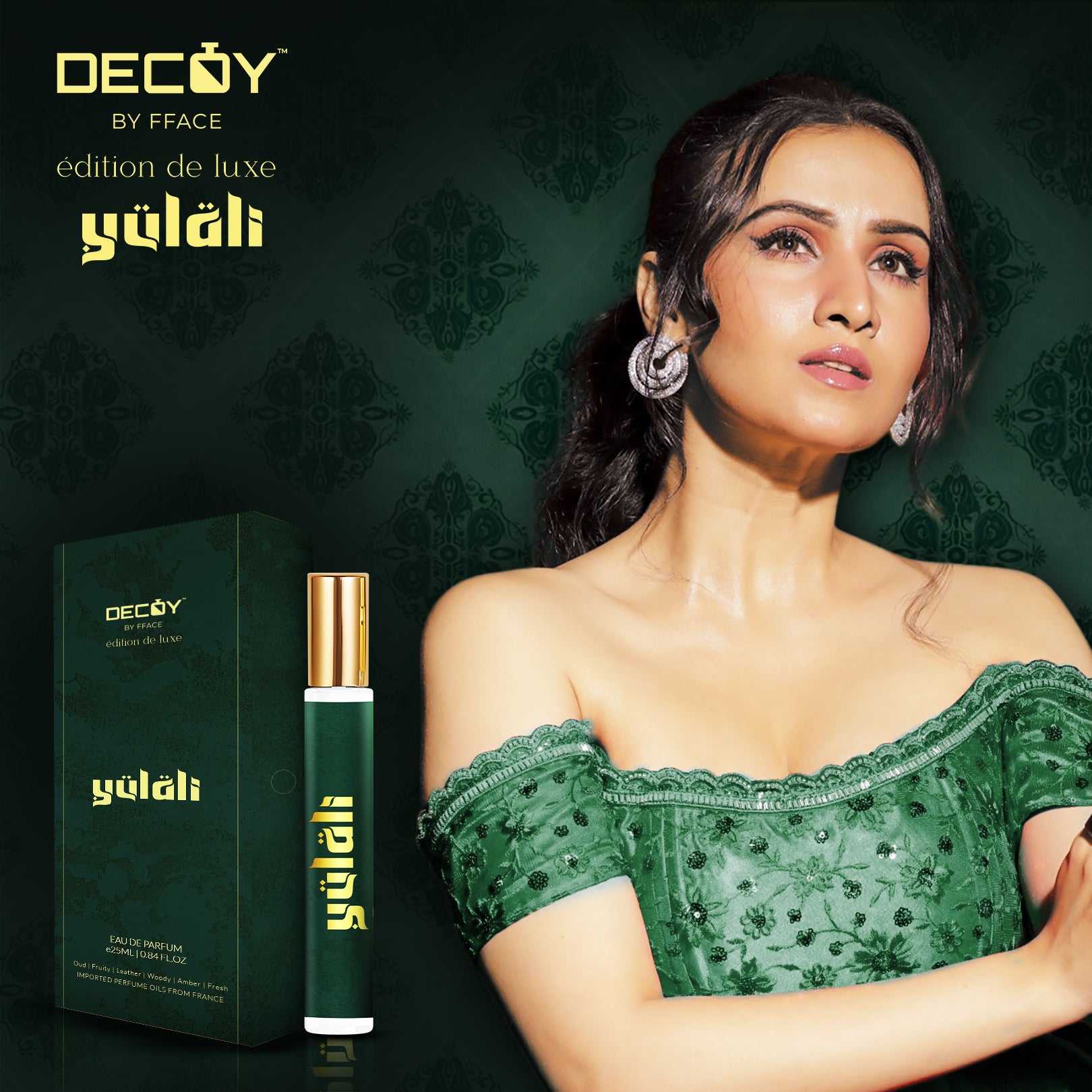 Decoy Yulali Oud 25ml travel size perfume model shot woman in green dress holding luxury fragrance