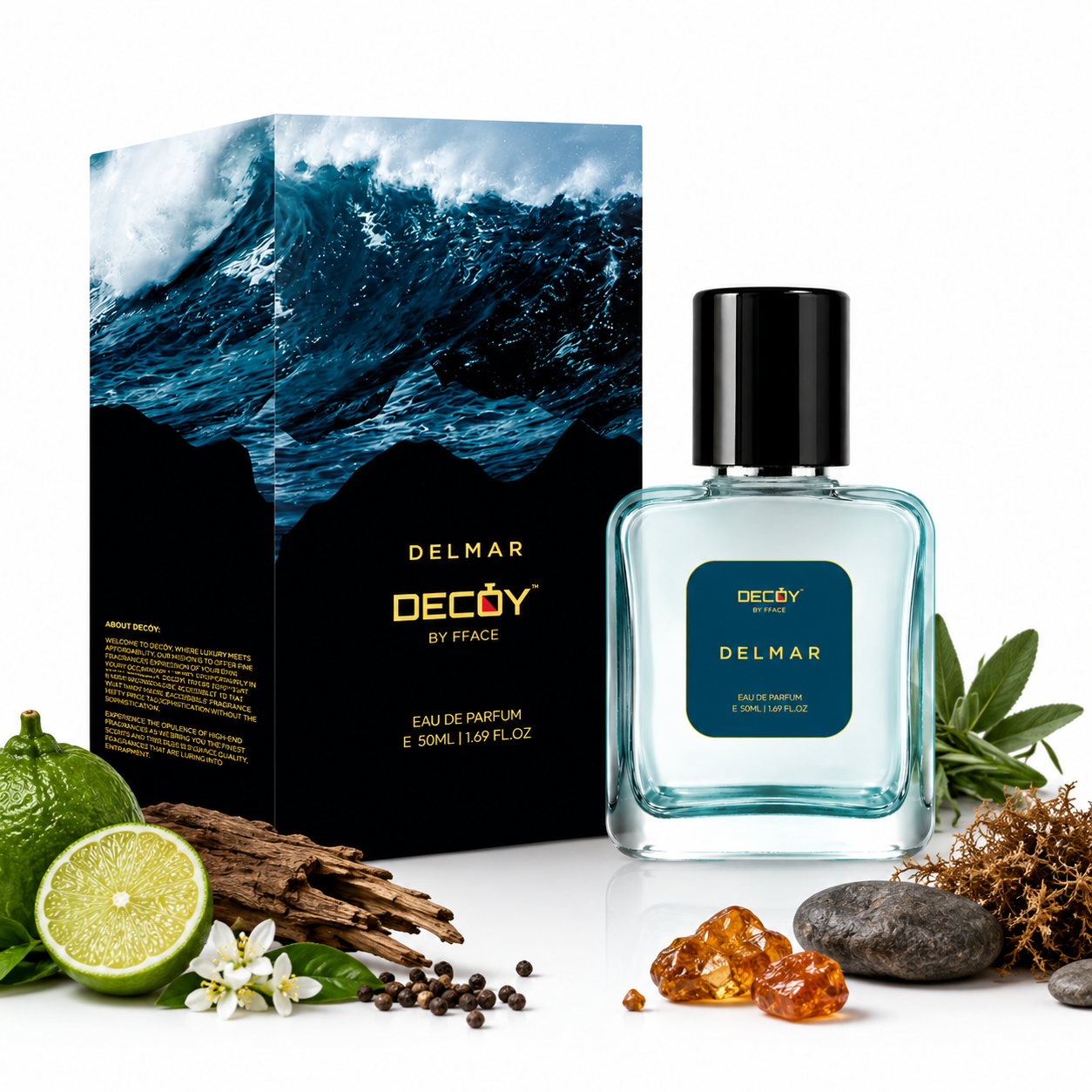 Delmar Decoy perfume bottle with packaging and natural elements on a white background