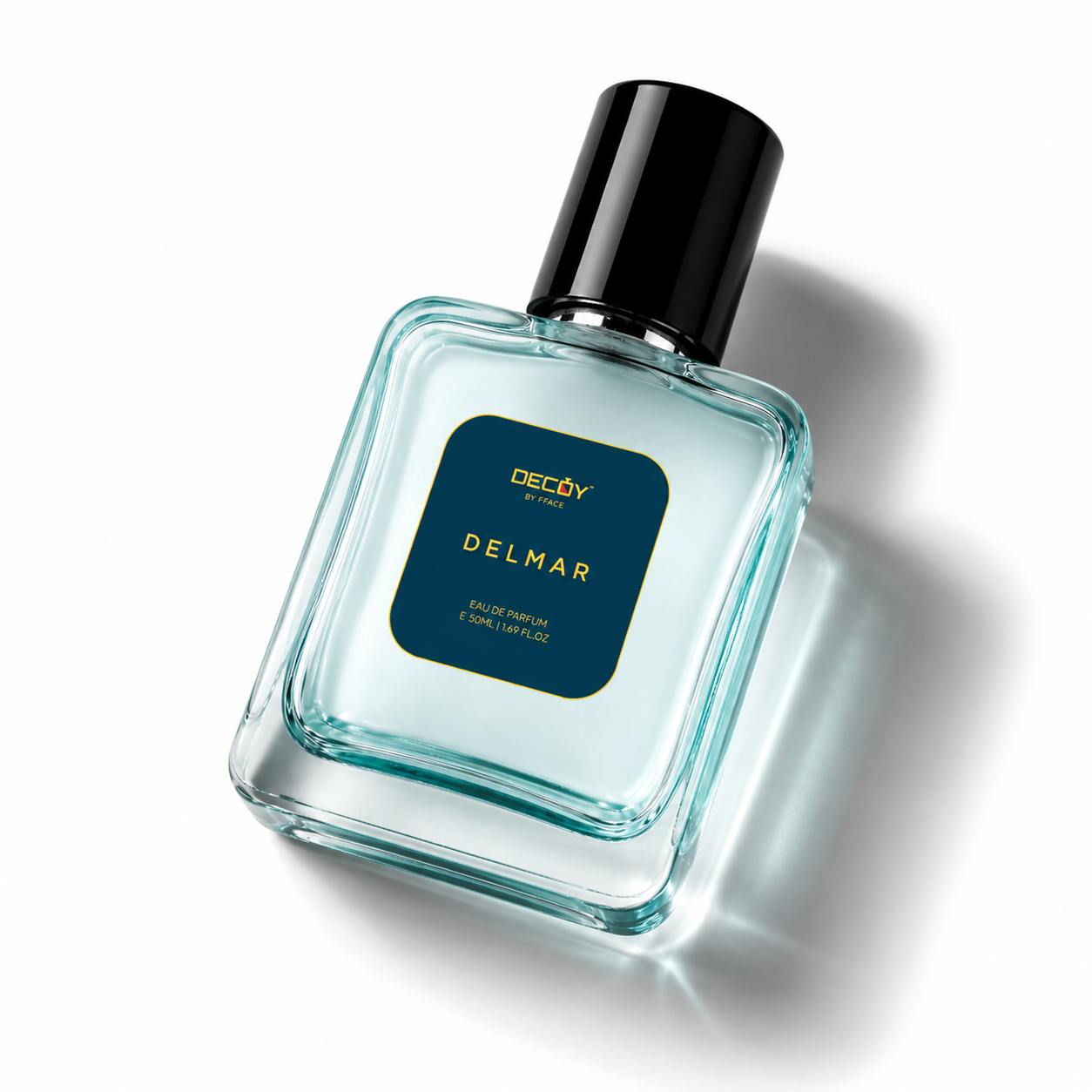 Perfume bottle labeled 'Delmar' by Decoy on a white background