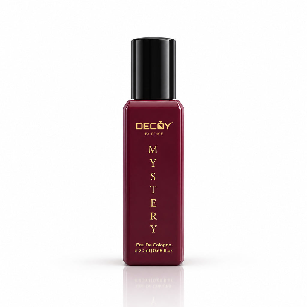 Decoy Mystery 20ml Eau de Cologne burgundy bottle with black cap on a white background