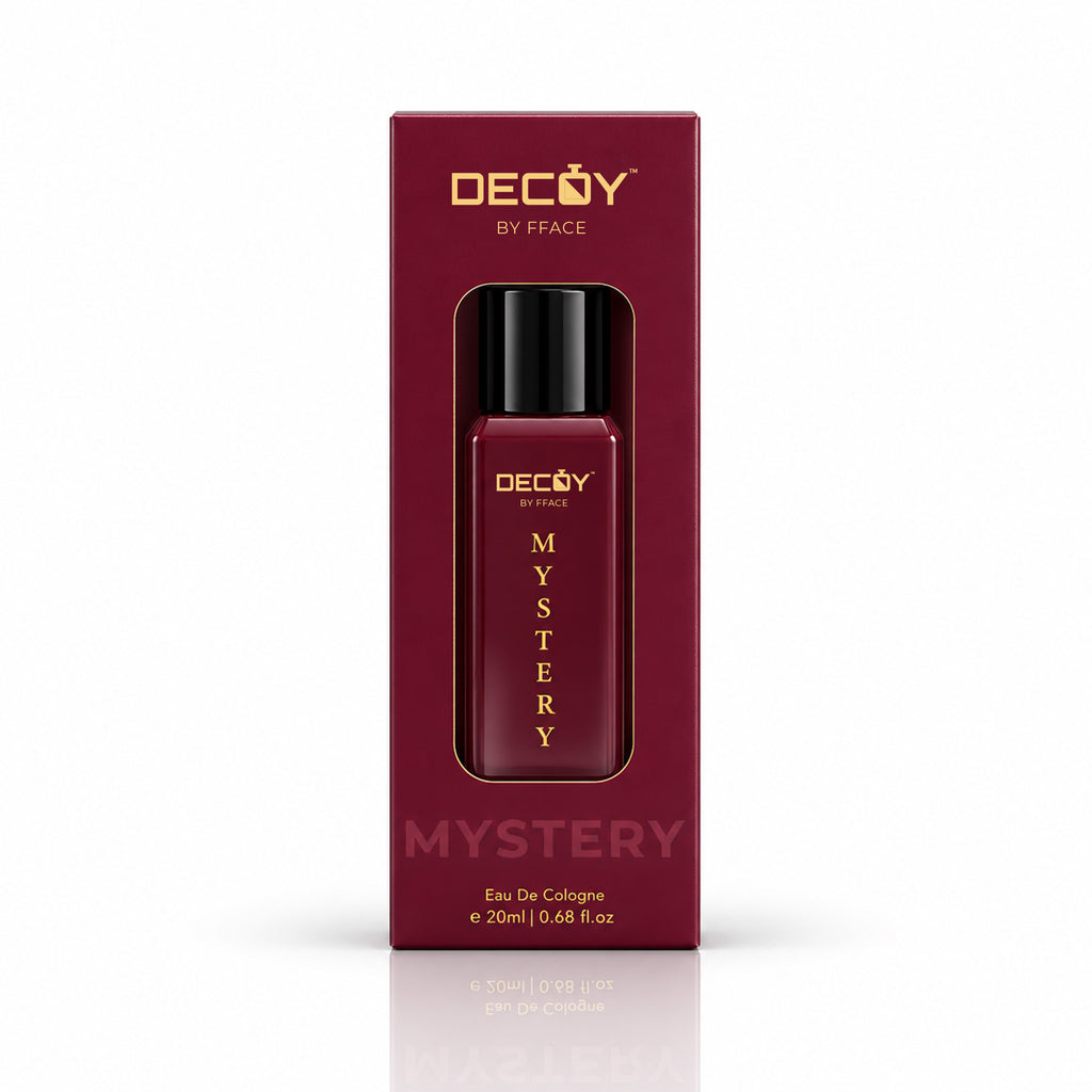 Decoy Mystery 20ml Eau de Cologne in its matching burgundy retail carton
