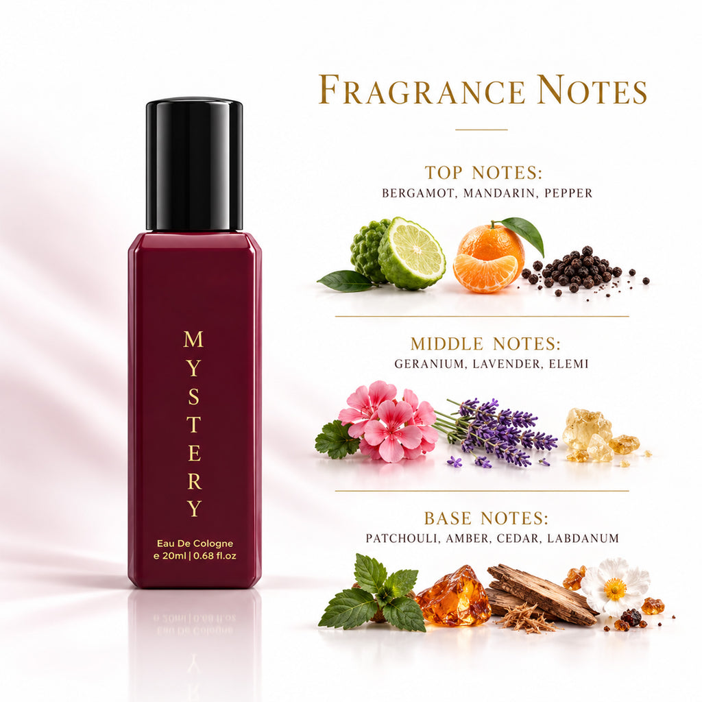 Decoy Mystery fragrance notes chart showing citrus, aromatic floral and woody amber notes
