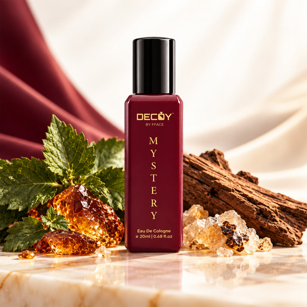 Decoy Mystery Eau de Cologne with patchouli leaves, wood and amber-coloured resins