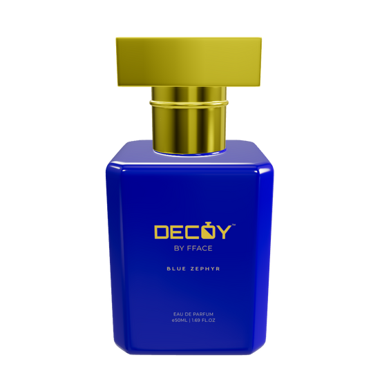 3d Mock up of decoy luxury blue zephyr perfume men 50ml bottle front