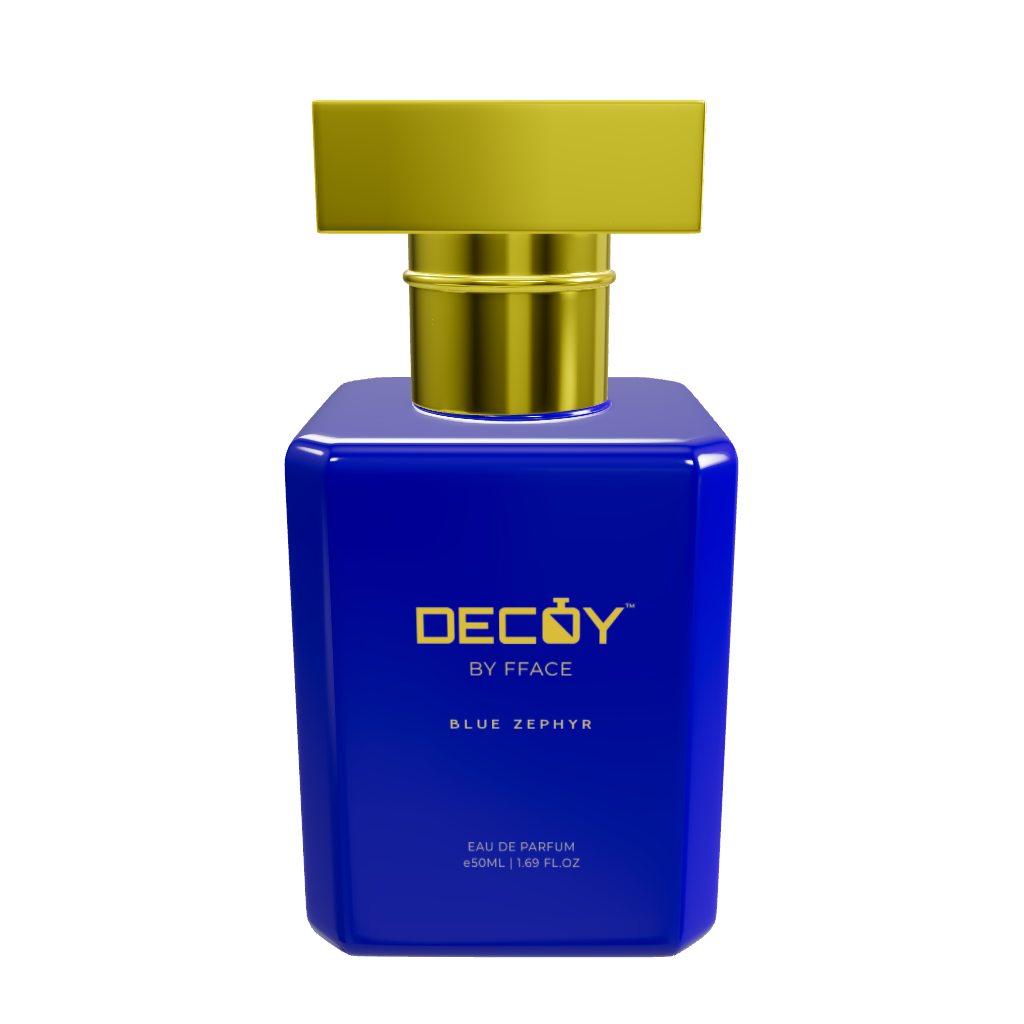 3d Mock up of decoy luxury blue zephyr perfume men 50ml bottle front